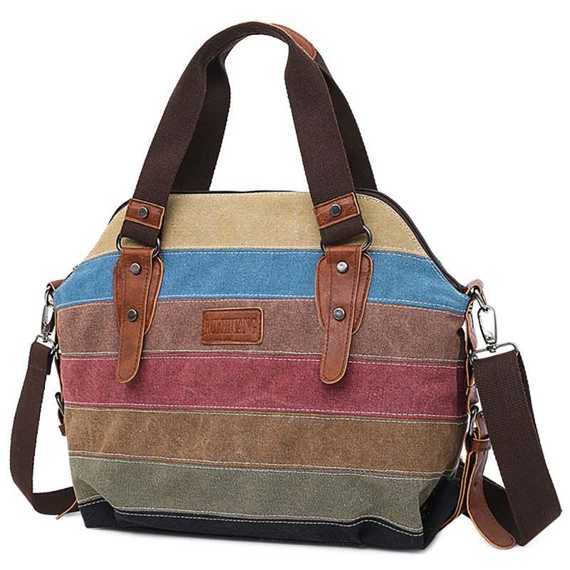 Splicing canvas women's bag ins medium bag casual simple literary hand-held one-shoulder messenger bag large-capacity multi-compartment