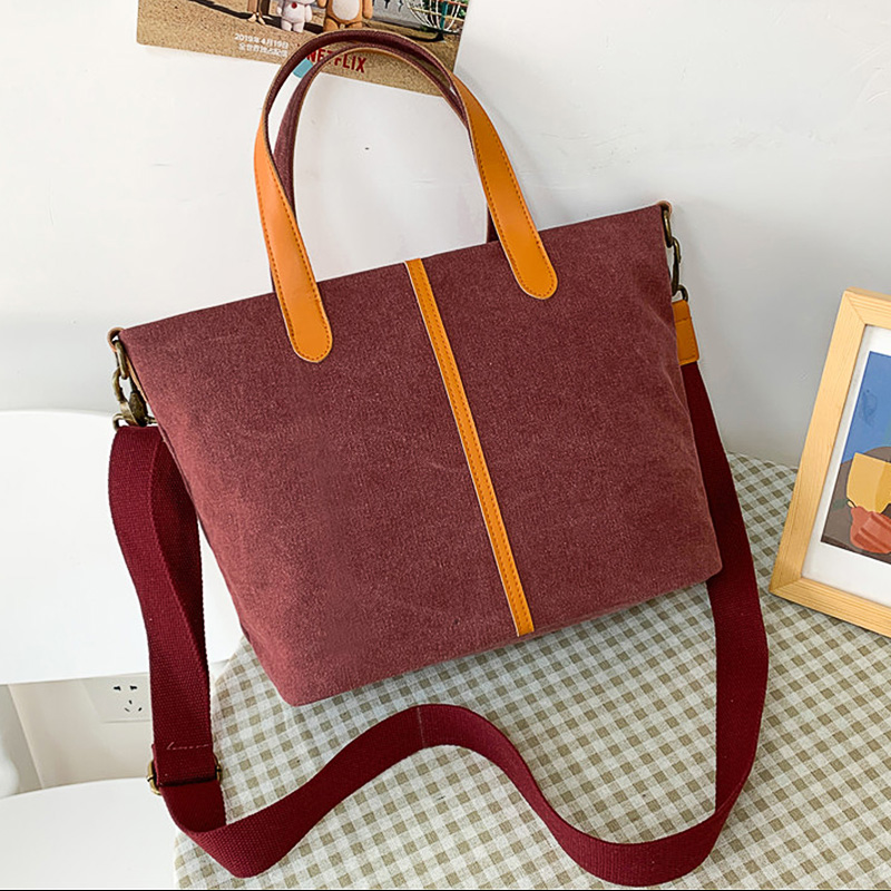 Canvas large-capacity simple bag youth hit color women's bag one-shoulder tote bag handbag all-match fashion big bag