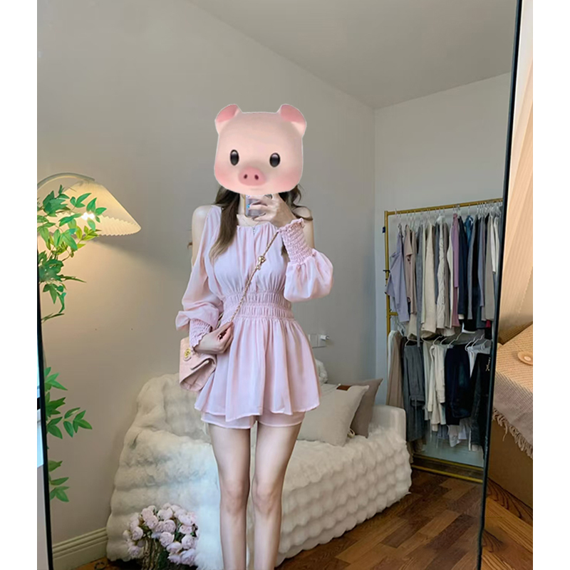 French-Style Gentle Off-The-Shoulder Waist-Cinching Chiffon Shirt Dress, Summer Sweet Outfit, Casual Straight Shorts Two-Piece Set French-Style Gentle Off-The-Shoulder Waist-Cinching Chiffon Shirt Dress, Summer Sweet Outfit, Casual Straight Shorts Two-Piece Set