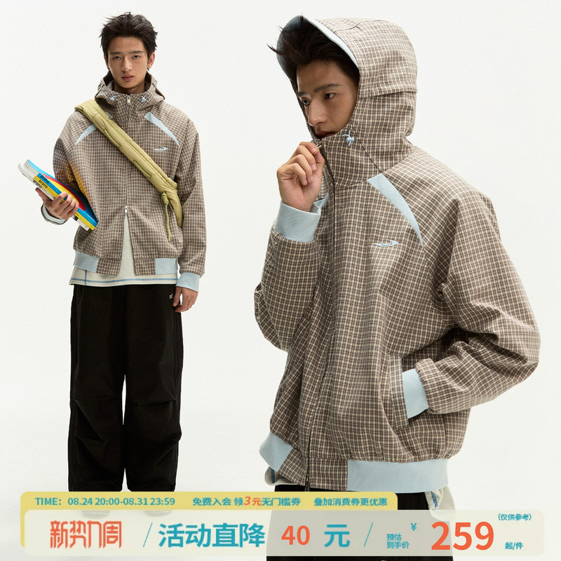 Mr. Jiangnan Newjnxs American-Style Plaid Woven Color-Block Embroidered Jacket, Autumn Loose Adjustable Hooded Jacket Mr. Jiangnan Newjnxs American-Style Plaid Woven Color-Block Embroidered Jacket, Autumn Loose Adjustable Hooded Jacket
