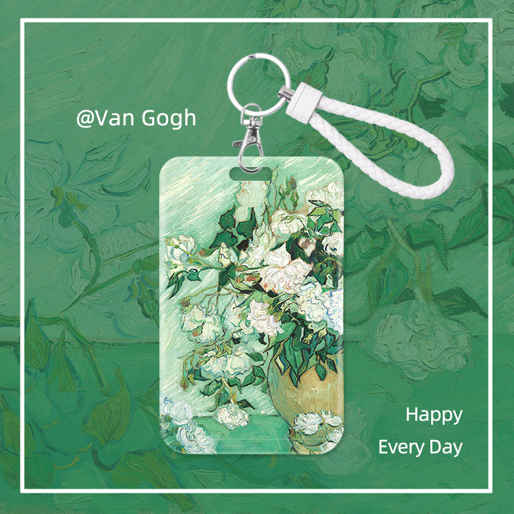 Niche oil painting white rose card holder, ID card holder, student meal card, water card, access control lanyard, keychain, artistic style.