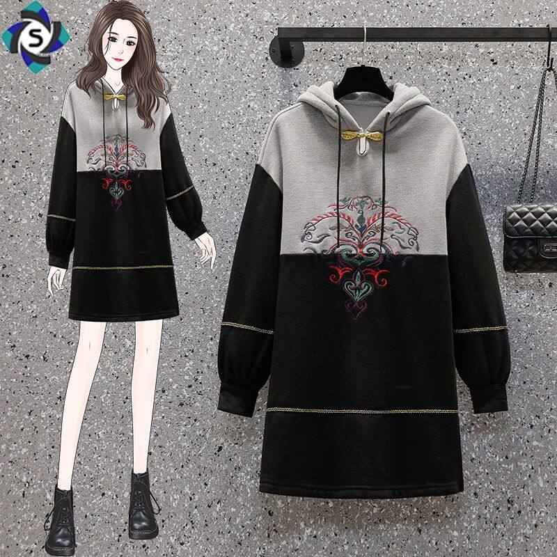 Improved Version Qipao Autumn Winter Original Embroidery Collage Sports Shirt Fat Mm Loose Cover Belly Fashion Long Sleeve Foreign Dress