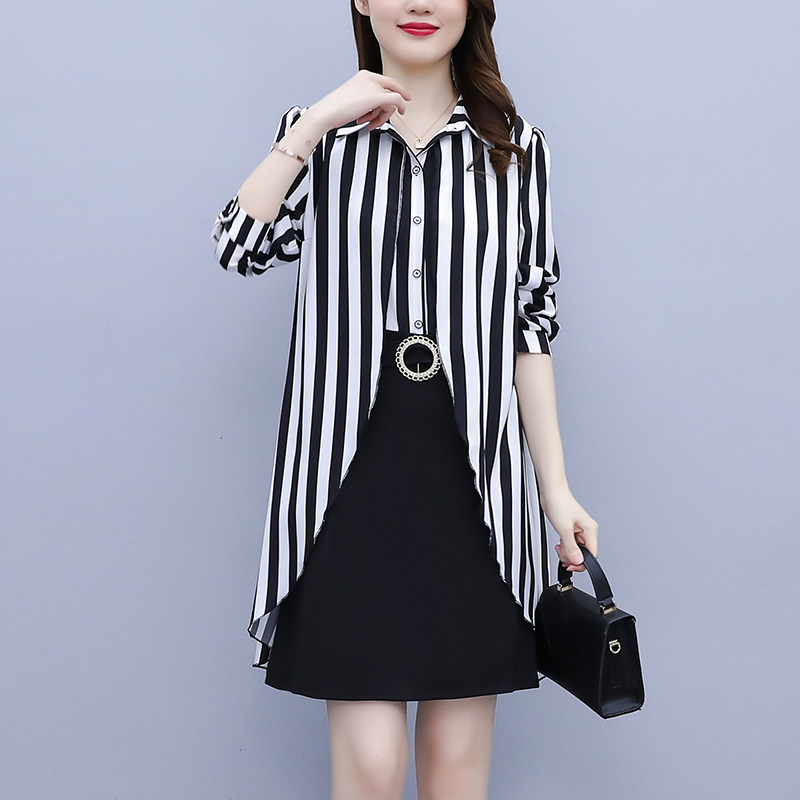 Spring dress 2022 French style new high waist display slim shirt dress false Two big size women dress Long sleeves OL professional dress