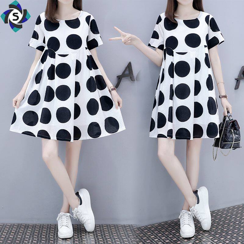 Small tall high-waisted doll skirt Europe station loose size show thin women's summer age reduction wave dot a-line dress