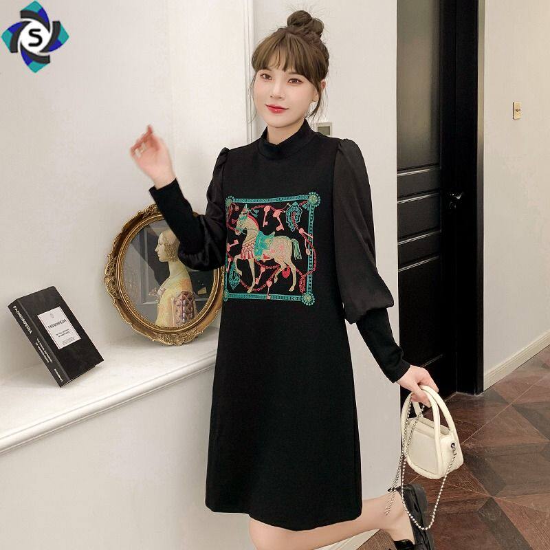 Trendy thin sweater dress women's autumn and winter large size fashion ironing diamond elastic sleeve foreign style age reduction national style bottoming dress