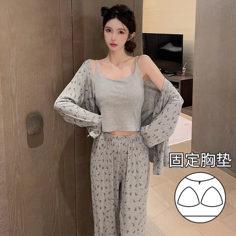 Women's Suspender Pajamas, Spring and Autumn, Long-Sleeved, with Chest Pads, Modal Cotton, Light Gray, Three-Piece Set, Can Be Worn Outside as Home Clothes Women's Suspender Pajamas, Spring and Autumn, Long-Sleeved, with Chest Pads, Modal Cotton, Light Gray, Three-Piece Set, Can Be Worn Outside as Home Clothes