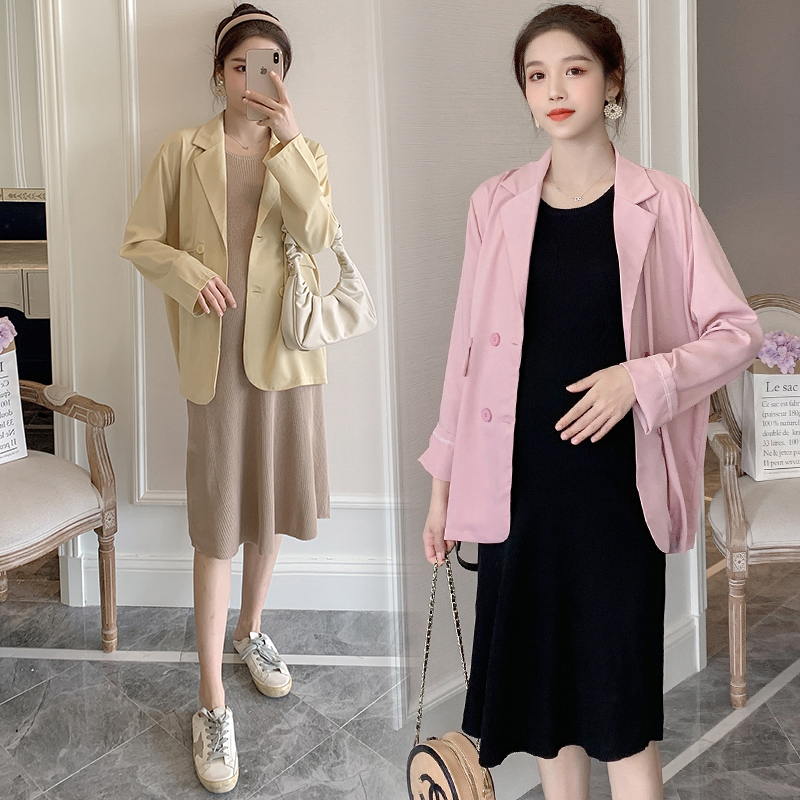 Pregnant women long sleeve casual small blazer Knitted vest long skirt suit fashion autumn and winter pregnant women dress