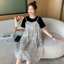 Maternity dress summer short sleeve fake two pieces Korean version of foreign loose size medium and long skirt Net red tide