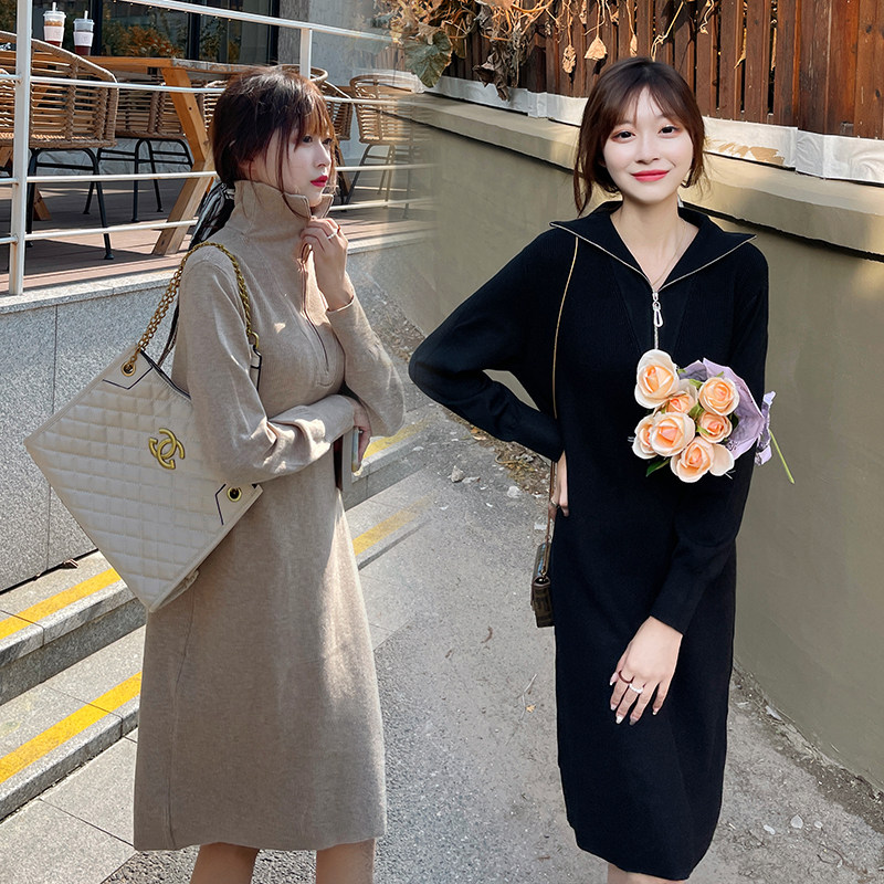 Autumn Winter Tide Moms New Pregnancy Women's Dress Thickening Medium Long Version High Play Loose Collar Over Knee Knit Ocean Dress Underskirt