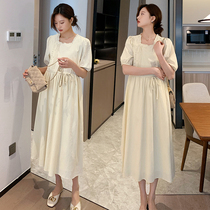 Pregnant women dress French square collar bubble sleeve summer new wooden ear literary elegant elegant pregnant woman long skirt Net Red