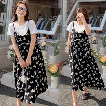 Pregnant Women summer dress new two-piece pregnant women dress Net Red large size loose suspender skirt fashion floral skirt