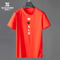 Summer short-sleeved T-shirt crew neck letter printing Korean version of the tide orange red short-sleeved T-shirt men slim cotton youth