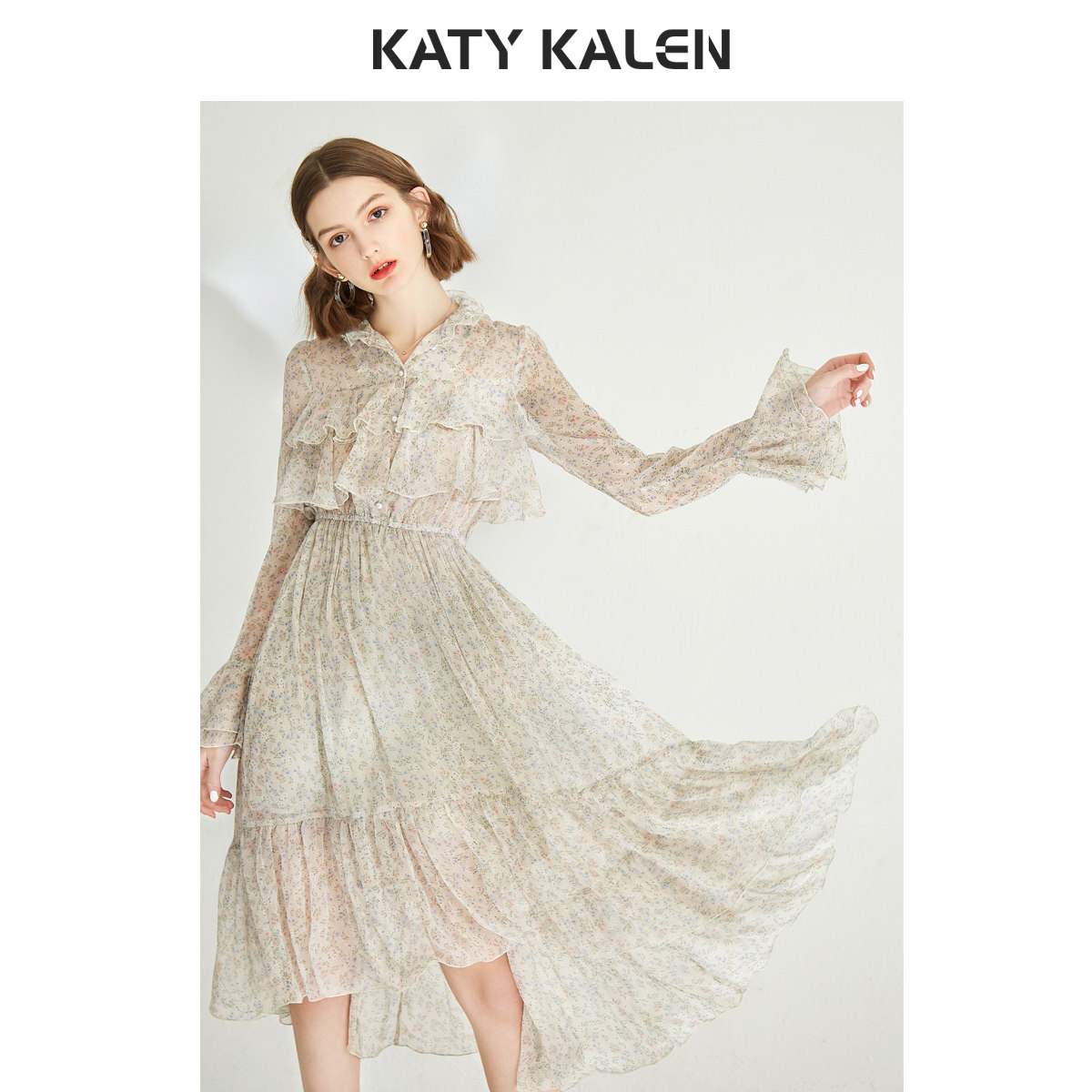 Katy kalen 喇叭袖碎花仙女裙 连衣裙 天猫优惠券折后￥284包邮（￥299-15）