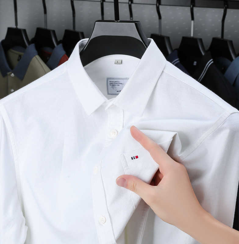 Authentic Foreign Trade Polo Oxford Cotton Shirt for Men, Long-Sleeve, Solid Color, Embroidered Pocket, Autumn, Wrinkle-Free, Trendy