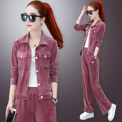 Corduroy sports set women's autumn 2020 new Korean version of loose fashion students wide leg pants women's two-piece set