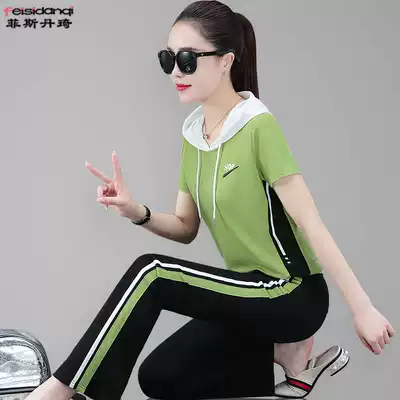 Sports set women summer 2021 New Korean version loose foreign school age fashion hooded sweatshirt running two-piece set