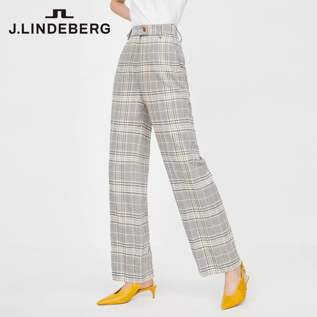 Плотные женские брюки с рисунком в клетку весной от JLINDEBERG Jin Lindberg, прямые, широкие штанины, брюки в стиле костюма