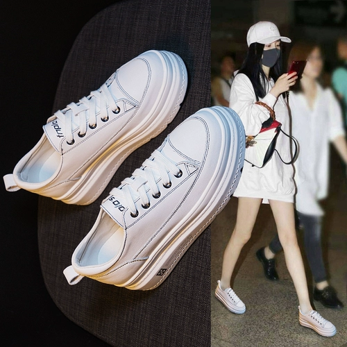 Белая обувь, кроссовки, высокие туфли на платформе, осенняя, 2023, из натуральной кожи