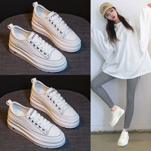 Белая обувь, кроссовки, высокие туфли на платформе, осенняя, 2023, из натуральной кожи