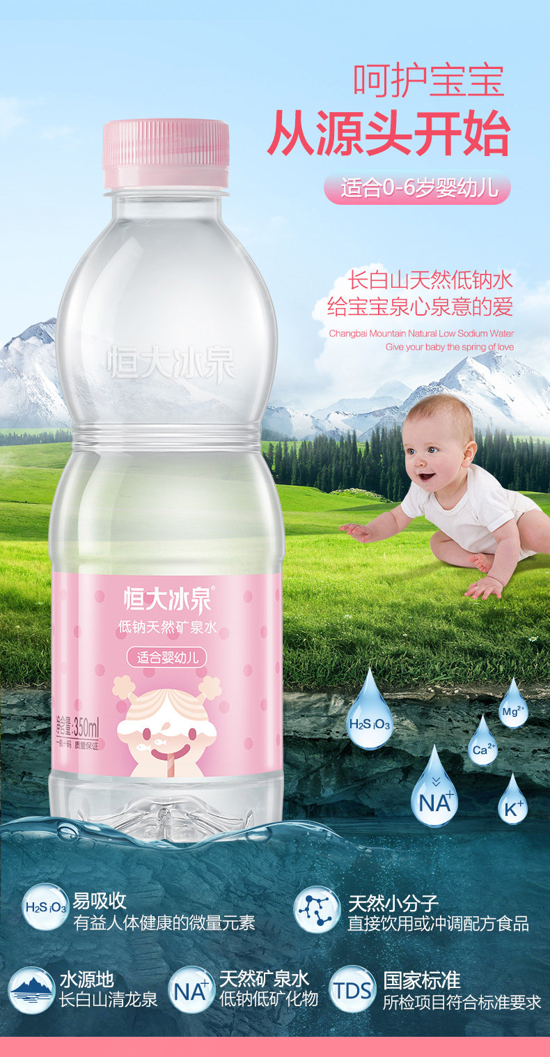 恒大冰泉 宝宝水 婴儿水 矿泉水 350ml*12瓶 双重优惠折后￥36包邮 蓝瓶、粉瓶可选