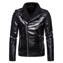 Joker tide men's oblique zipper lapel foreign trade men's plus velvet padded fur one coat motorcycle large size leather coat