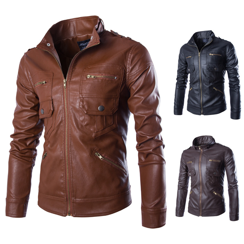 Foreign Trade Tide Men's Leather Jacket Fashion Multi-Pocket Men PU Leather Jacket Inglent Locomotive Leather Clothing Men's Pickup