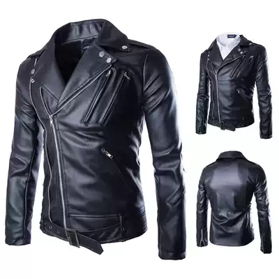 New personality diagonal rivet men's Puskin jacket Korean fashion motorcycle leather Foreign Trade men's large size coat