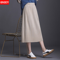 Bundred Skirt Women Autumn Dress 2021 New Velvet Skirt Medium-length dress Striped Straight One Step Skirt