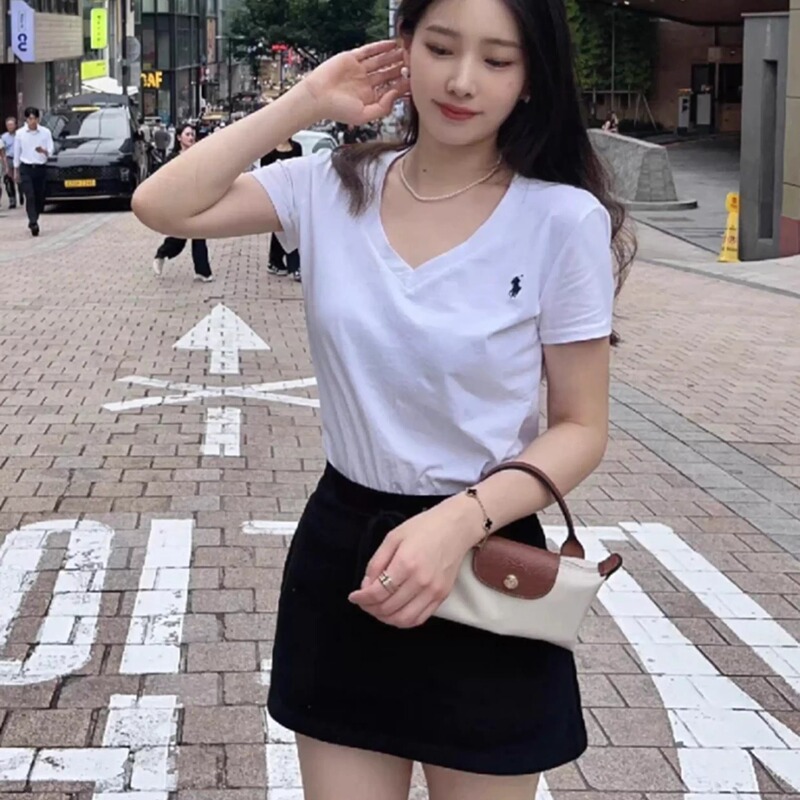 Ralph Lauren Logo Embroidered Short-Sleeve T-Shirt for Women, Summer Cotton V-Neck T-Shirt, Classic Versatile Slim-Fit Top, Trendy Ralph Lauren Logo Embroidered Short-Sleeve T-Shirt for Women, Summer Cotton V-Neck T-Shirt, Classic Versatile Slim-Fit Top, Trendy