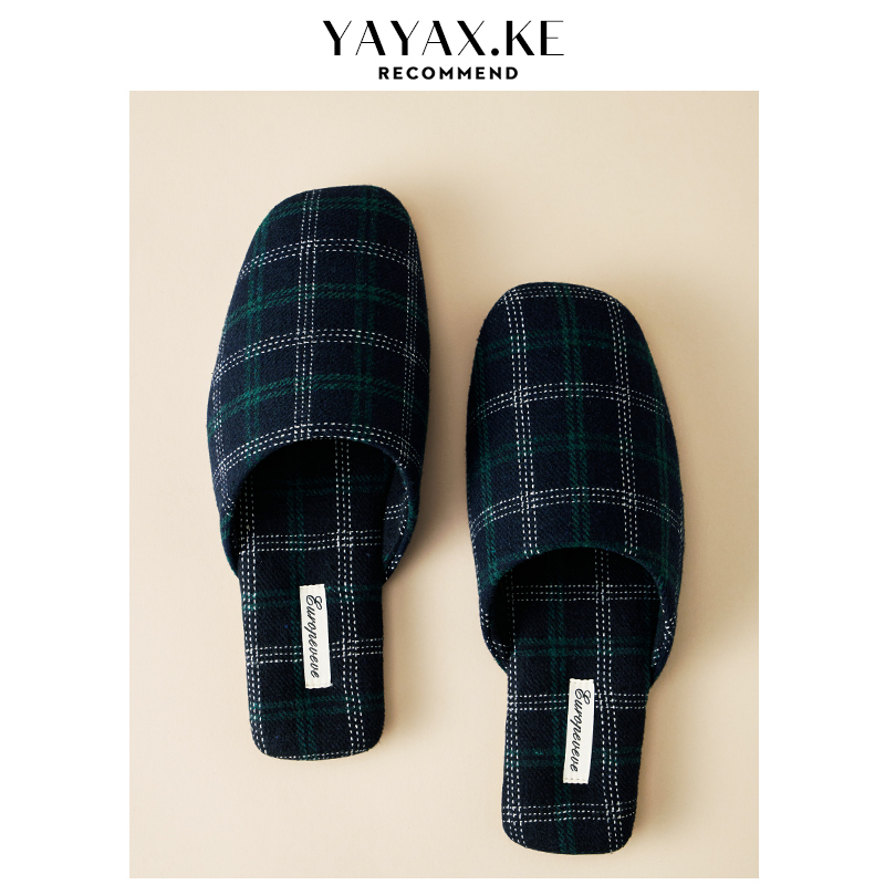 Four-Season Household Fabric Cotton Slippers for Men, Indoor Non-Slip Rubber Sole Plaid Couple's Warm Slippers