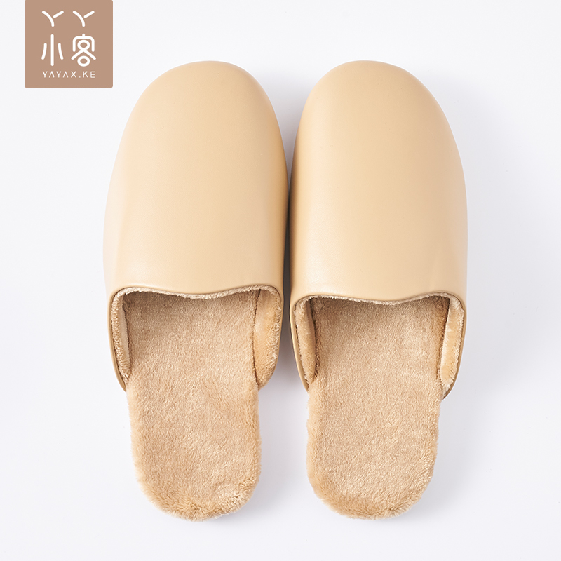 Yaya small guest leather slippers winter female couple home indoor non-slip waterproof floor plush warm cotton slippers male