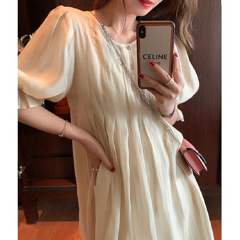 Pregnant women summer dress fairy skirt Sen series puff sleeves pleated loose Tencel dress female 2022 summer new solid color