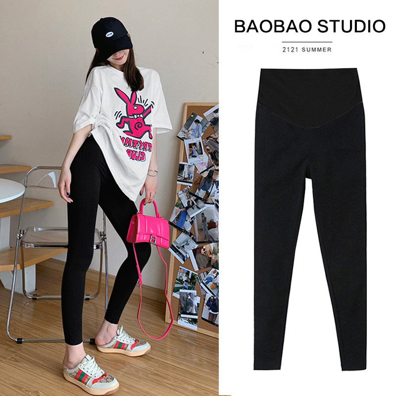 Pregnant Woman Shark Skin Inset Pants Summer Thin 90% Fashion outside wearing black spring and autumn tight with high-bounty belly pants