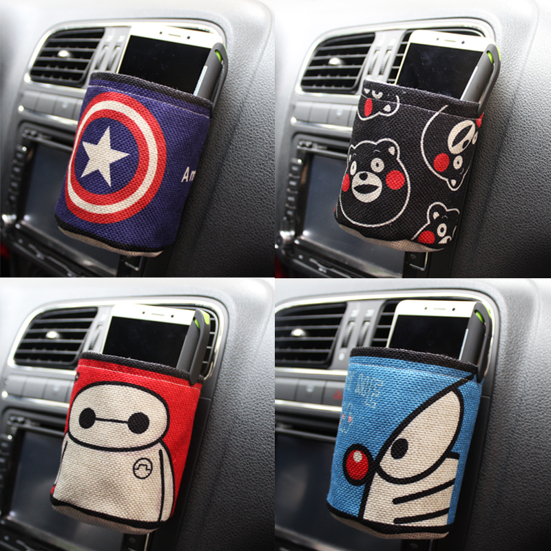 Car air conditioning outlet storage bag Cartoon asian cotton linen storage bag Hanging mobile phone storage box Car supplies