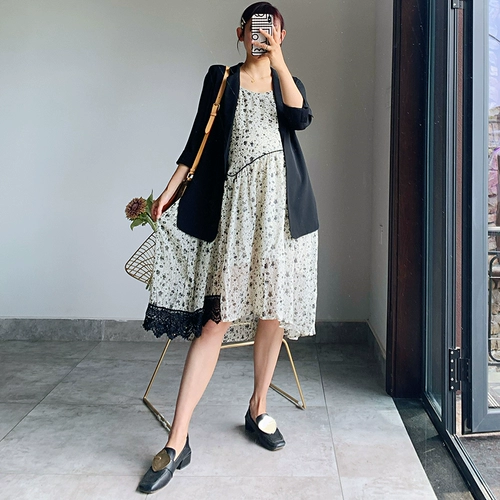 Платье для беременных, юбка, свежая летняя одежда, длинное платье-комбинация, цветочный принт, свободный крой, средней длины, городской стиль