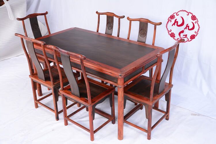 Đồ gỗ gụ Lào đồ gỗ hồng mộc Đồ nội thất cổ Trung Quốc Bảng đen hình chữ nhật Bàn ăn hình chữ nhật 7 bộ - Bộ đồ nội thất kệ tivi