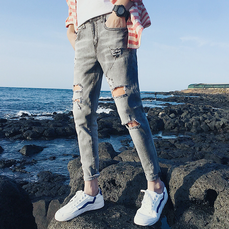 Light color jeans men summer thin ankle-length pants Korean trend personality beggar hole student elastic 9-point pants