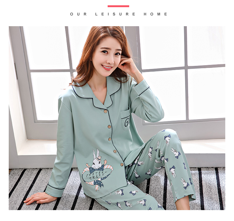 Đồ ngủ nữ cotton dài tay Hàn Quốc mùa xuân và mùa thu ladies thin phần hai mảnh XL cardigan dịch vụ nhà phù hợp với mùa hè đồ bộ nữ mặc nhà