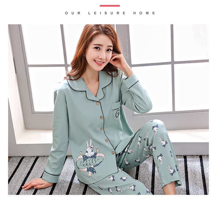 Đồ ngủ nữ cotton dài tay Hàn Quốc mùa xuân và mùa thu ladies thin phần hai mảnh XL cardigan dịch vụ nhà phù hợp với mùa hè