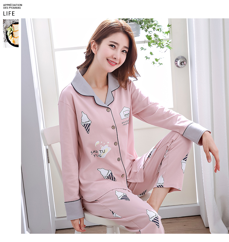 Đồ ngủ nữ cotton dài tay Hàn Quốc mùa xuân và mùa thu ladies thin phần hai mảnh XL cardigan dịch vụ nhà phù hợp với mùa hè