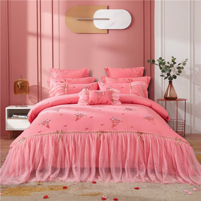 Home textile four-piece wedding more than sixty-eight pieces set lace pink wedding embroidery 1 8m meter bedding