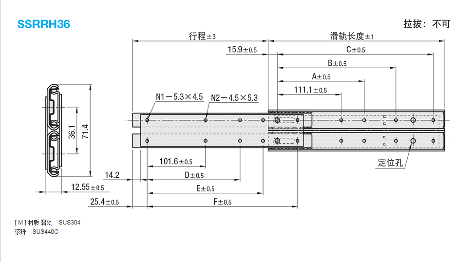 Stainless steel two-stage drawing type linear guideway SSRRH3630 35 40 45 50 55 60 65 70