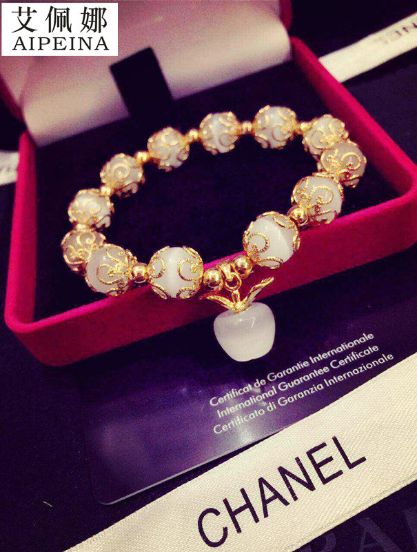 New 18K Gold-Plated Apple Bracelet for Women, 3D Hard Gold-Plated Silver Bracelet with Transfer Beads and Cat's Eye Stone, Gift for Christmas Eve