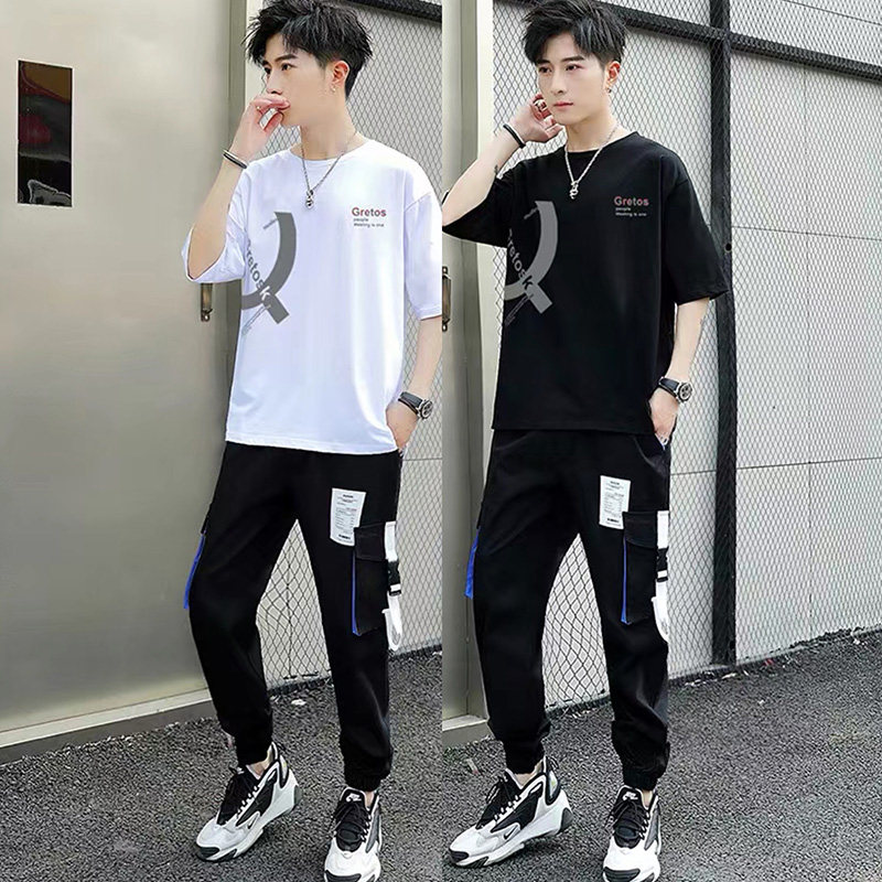 Trendy brand short-sleeved t-shirt men's summer suit trendy loose men's clothing casual sports handsome matching set