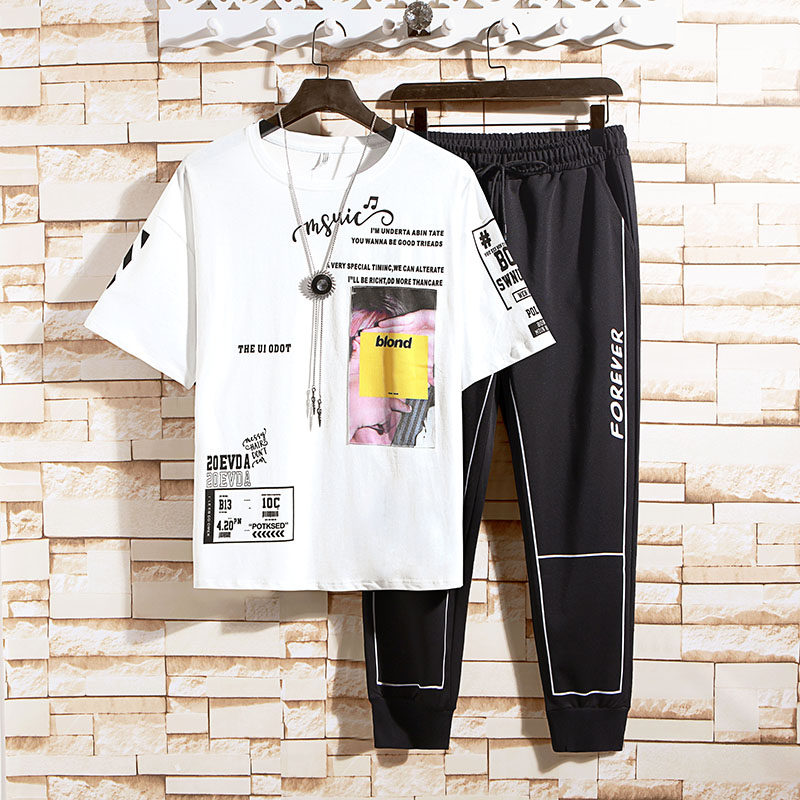 Leisure sports set 2021 summer men's short-sleeved T-shirt with trendy student trendy brand ins handsome clothes - Taobao