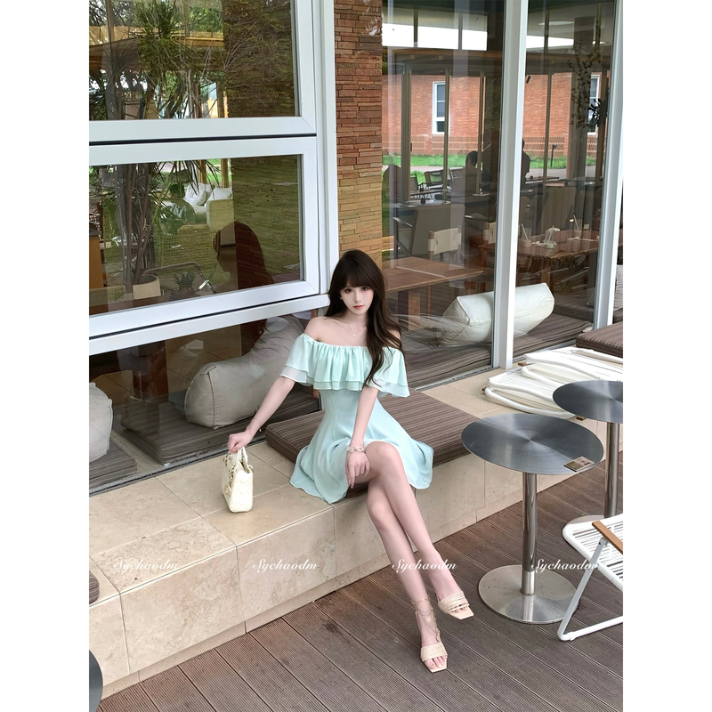 Sychaodm Mint First Kiss French Style Off-Shoulder Vacation Dress for Women, Summer Waist-Cinching Short Dress for Petite Figures Sychaodm Mint First Kiss French Style Off-Shoulder Vacation Dress for Women, Summer Waist-Cinching Short Dress for Petite Figures