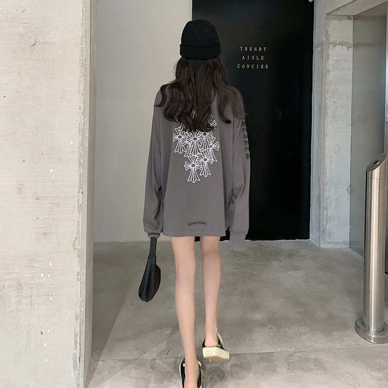 Hong Kong boomer 2021 autumn and winter medium long version loose long sleeve T-shirt female Korean version thin section 100 hitch base foreign blouse