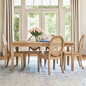 American-Style Retro Solid Wood Dining Table and Chair Set, Rectangular, Natural Wood Color, Home Dining Table, French-Style High-End Extendable Dining Table