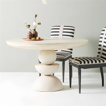 American Country-Style Vintage Solid Wood Round Dining Table, French Minimalist Distressed Solid Wood Dining Table, Nordic Wabi-Sabi Style Round Dining Table