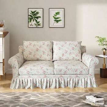 American Retro Cotton and Linen Fabric Printed Sofa French Pastoral Peony Small Floral High-End Skirt Straight Sofa